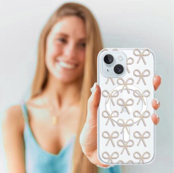 Etui do iPhone 15 z MagSafe, Przytulne święta, Złote kokardki, przeźroczyste3