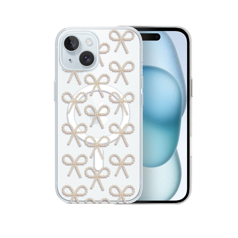 Etui do iPhone 15 z MagSafe, Przytulne święta, Złote kokardki, przeźroczyste