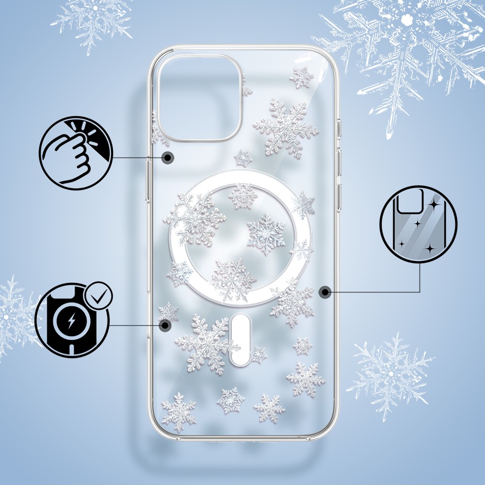 Etui do iPhone 15 z MagSafe, Zimowa Magia, Delikatne płatki śniegu, przeźroczyste1