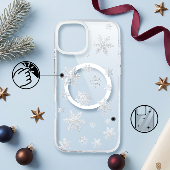 etui do iphone 15 z magsafe, zimowa magia, delikatne płatki śniegu, przeźroczyste