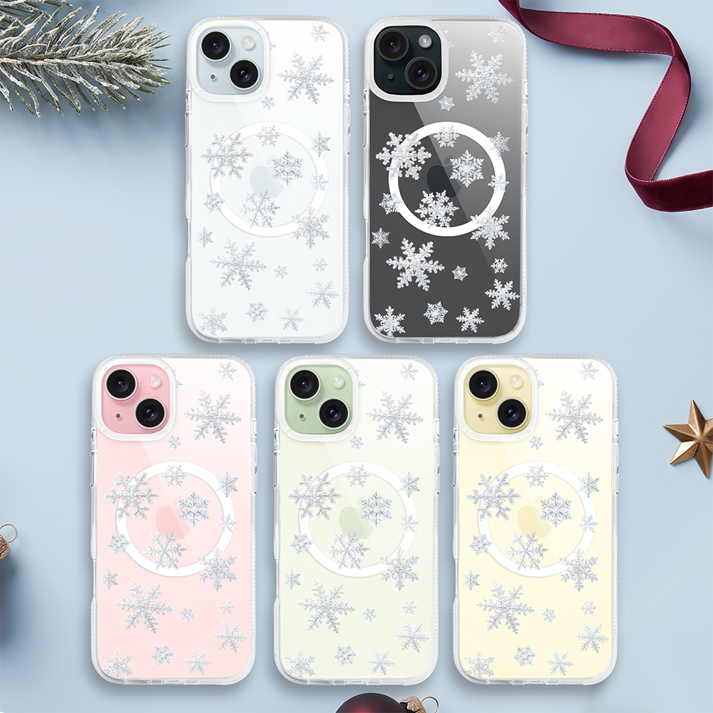 etui do iphone 15 z magsafe, zimowa magia, delikatne płatki śniegu, przeźroczyste