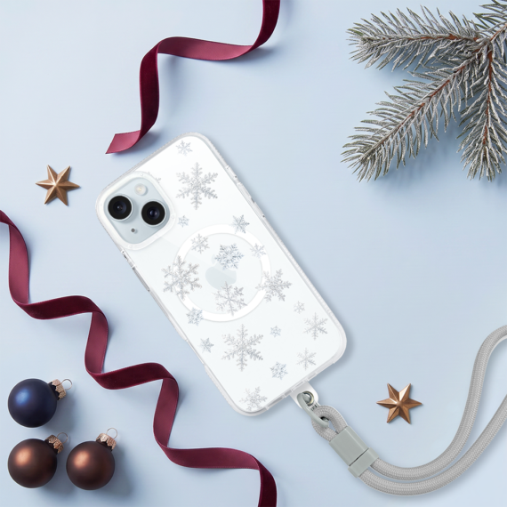 etui do iphone 15 z magsafe, zimowa magia, delikatne płatki śniegu, przeźroczyste