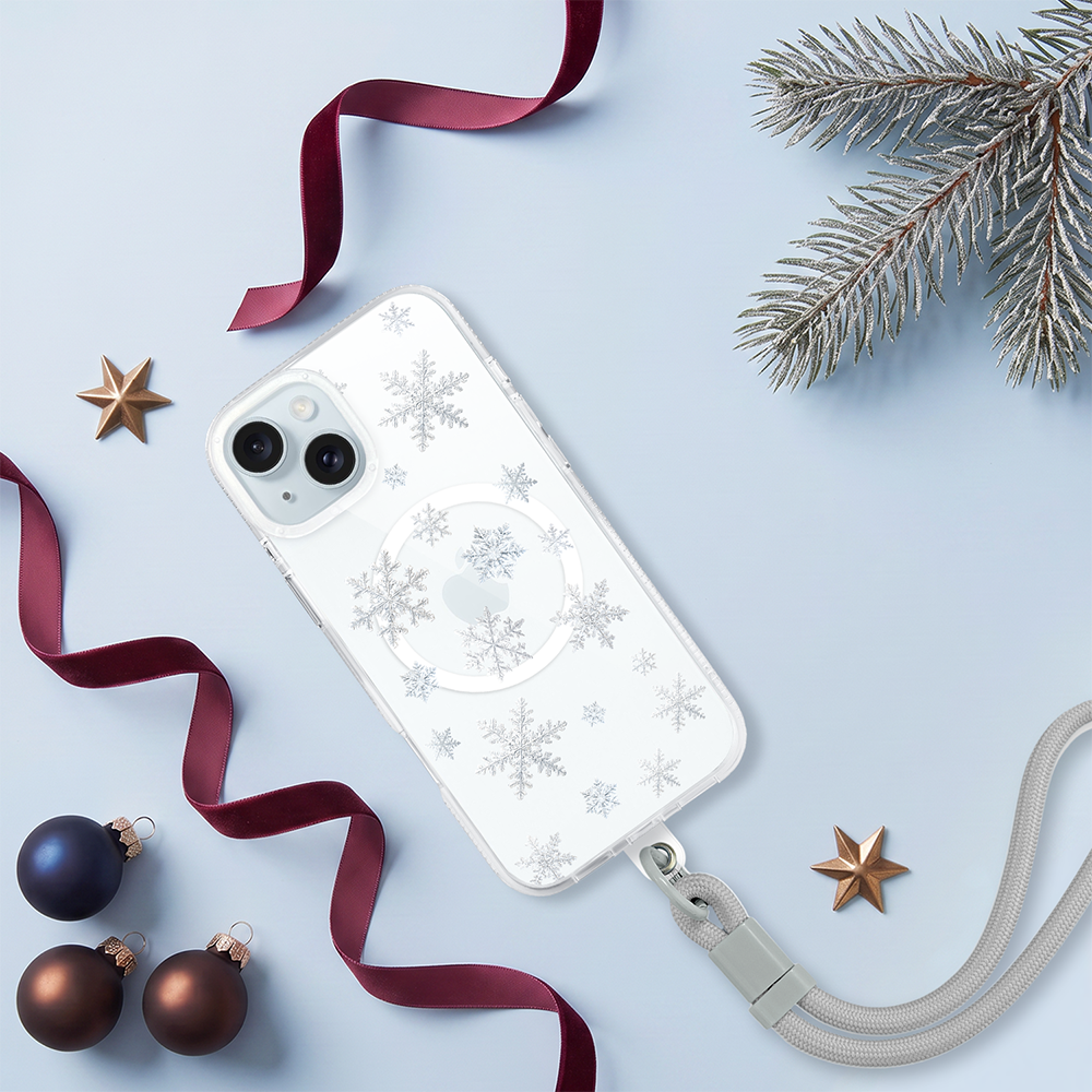 etui do iphone 15 z magsafe, zimowa magia, delikatne płatki śniegu, przeźroczyste