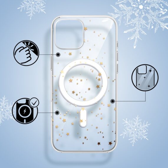 Etui do iPhone 15 z MagSafe, Zimowa Magia, Złote gwiazdki, przeźroczyste1