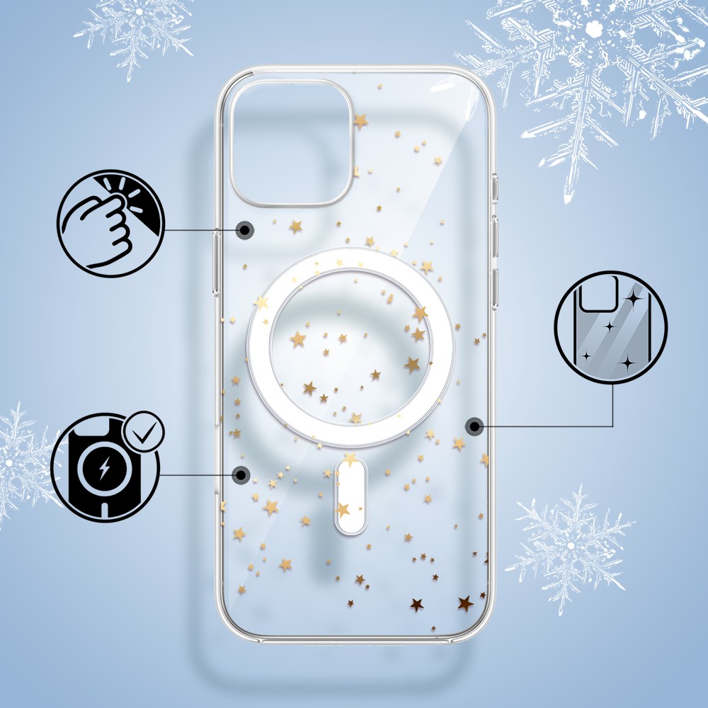 Etui do iPhone 15 z MagSafe, Zimowa Magia, Złote gwiazdki, przeźroczyste1