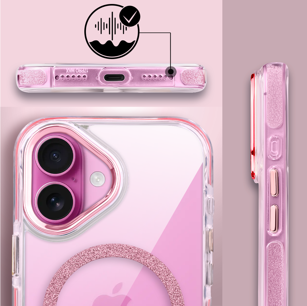 Etui do iPhone 16 Glitter Shine, przeźroczyste, brokatowe z MagSafe, różowe (2)