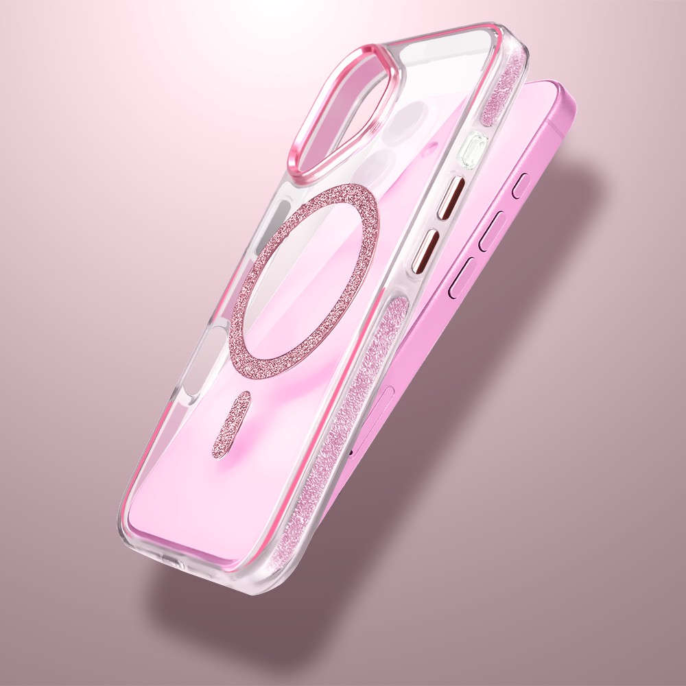 Etui do iPhone 16 Glitter Shine, przeźroczyste, brokatowe z MagSafe, różowe (4)