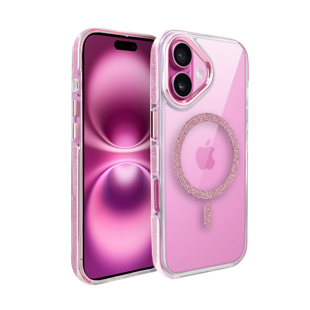 Etui do iPhone 16 Glitter Shine, przeźroczyste, brokatowe z MagSafe, różowe