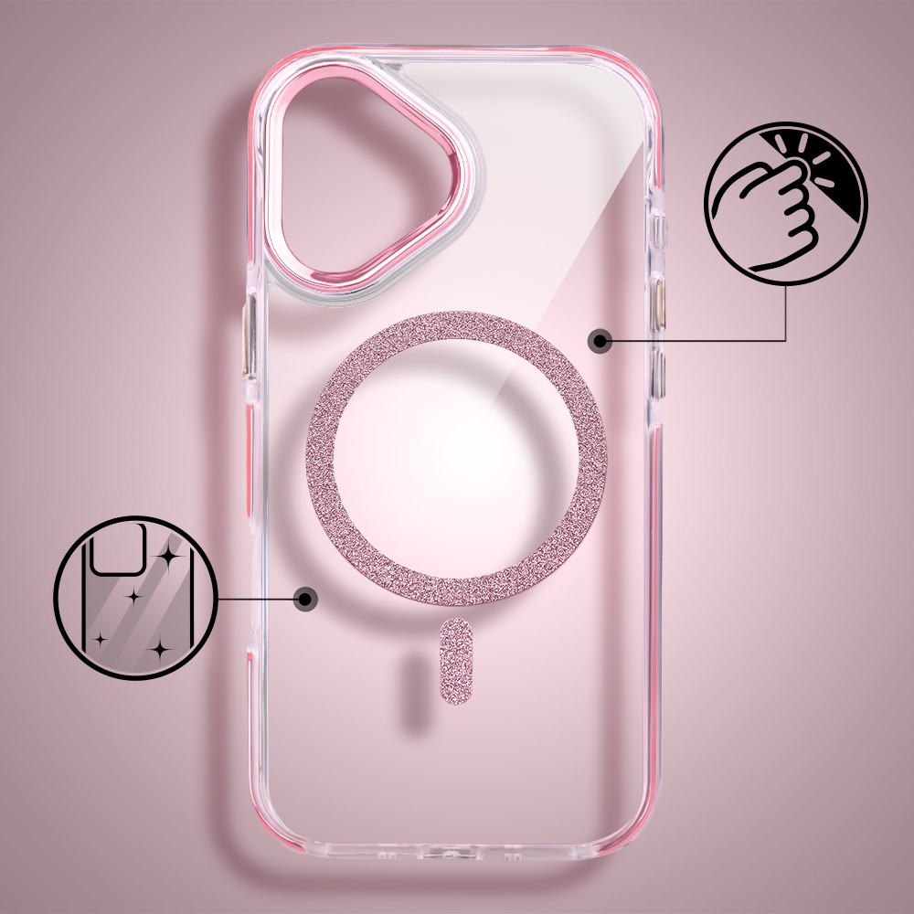 Etui do iPhone 16 Glitter Shine, przeźroczyste, brokatowe z MagSafe, różowe (8)