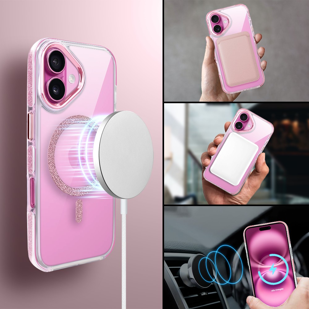Etui do iPhone 16 Glitter Shine, przeźroczyste, brokatowe z MagSafe, różowe (9)