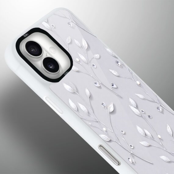 Etui do iPhone 16 IBIZU DropGuard Matt z MagSafe, Zimowa magia, Lodowe kwiaty, biała ramka (1)