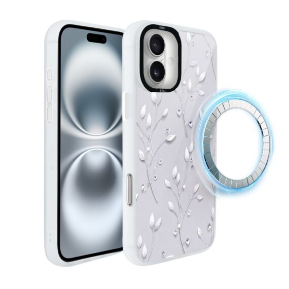 Etui do iPhone 16 IBIZU DropGuard Matt z MagSafe, Zimowa magia, Lodowe kwiaty, biała ramka (5)