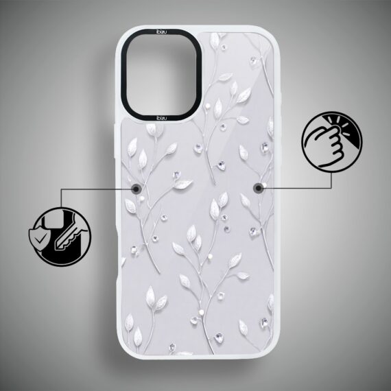 Etui do iPhone 16 IBIZU DropGuard Matt z MagSafe, Zimowa magia, Lodowe kwiaty, biała ramka (6)