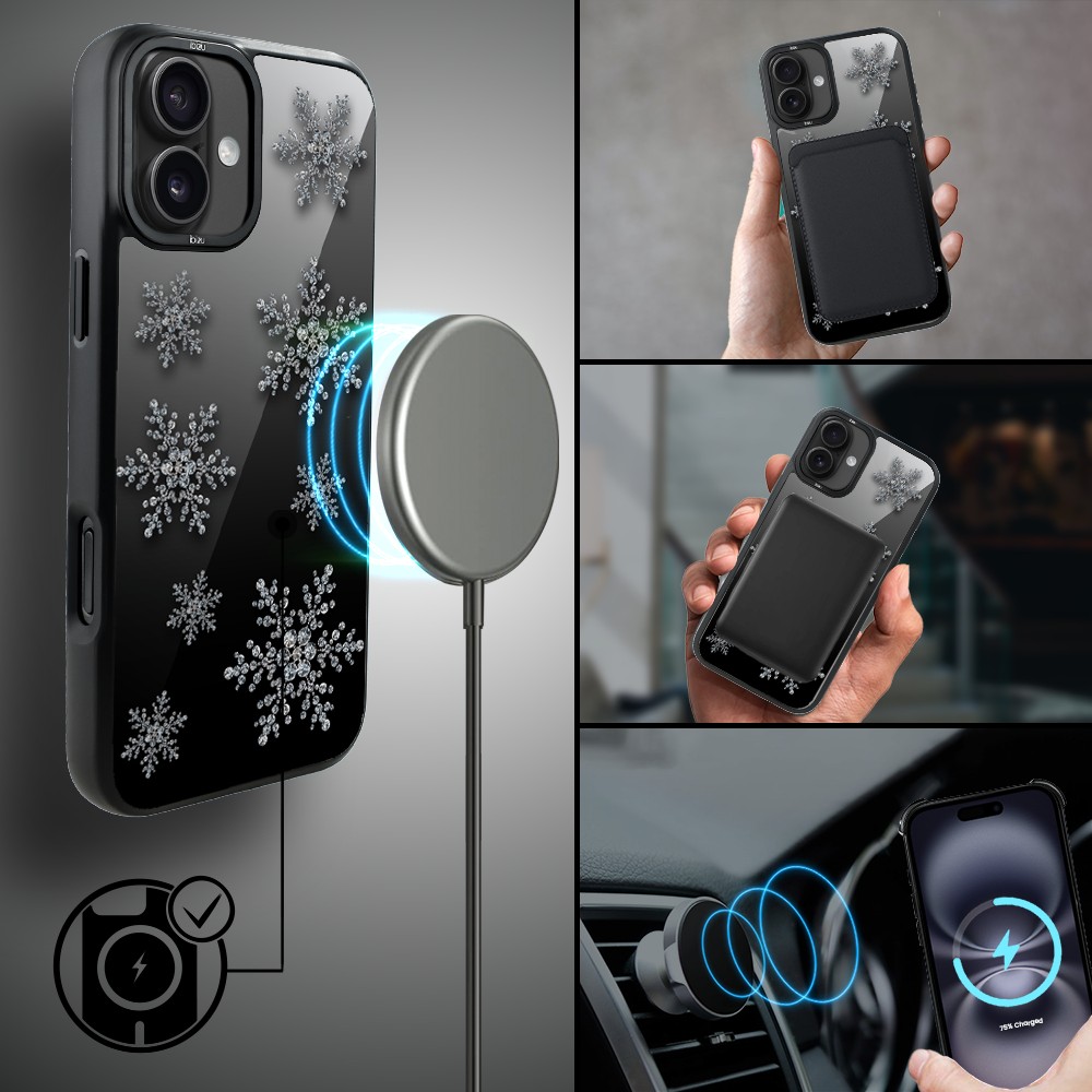 Etui do iPhone 16 Plus IBIZU DropGuard Matt z MagSafe, Zimowa magia, Płatki śniegu na czarnym lustrze ip 16-1