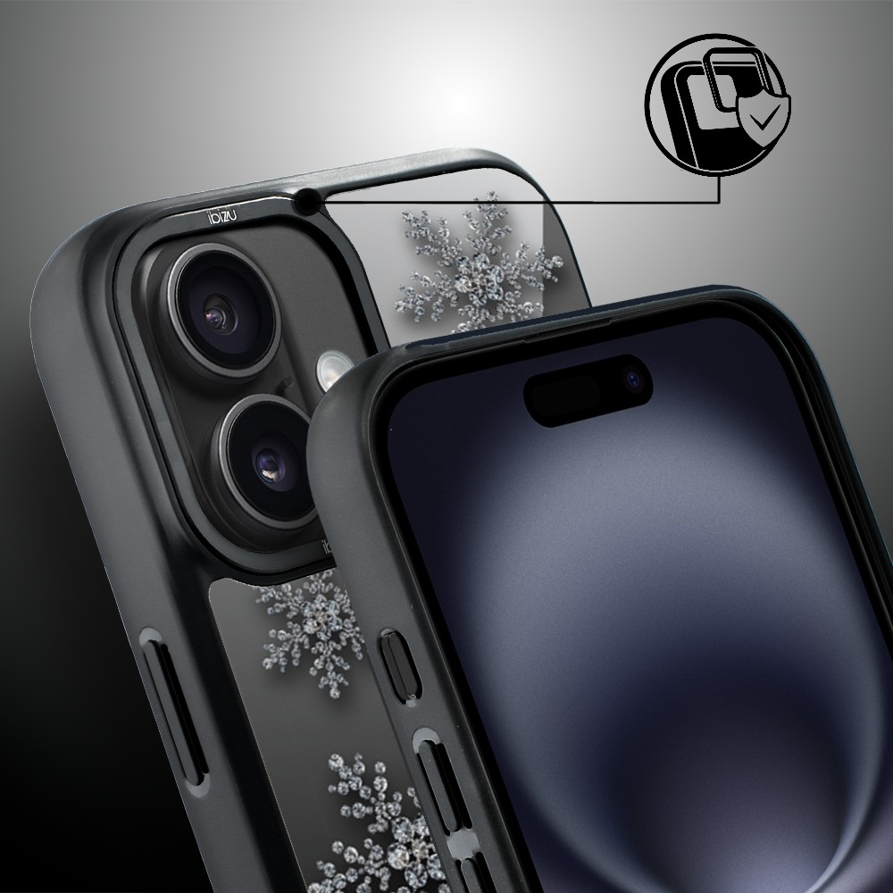 Etui do iPhone 16 Plus IBIZU DropGuard Matt z MagSafe, Zimowa magia, Płatki śniegu na czarnym lustrze ip 16-3
