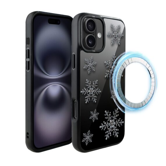 Etui do iPhone 16 Plus IBIZU DropGuard Matt z MagSafe, Zimowa magia, Płatki śniegu na czarnym lustrze ip 16-6