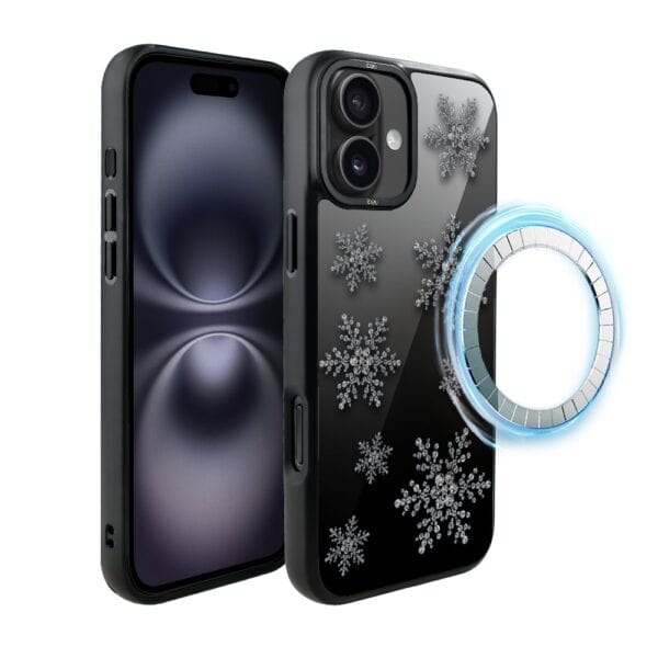 Etui do iPhone 16 IBIZU DropGuard Matt z MagSafe, Zimowa magia, Płatki śniegu na czarnym lustrze