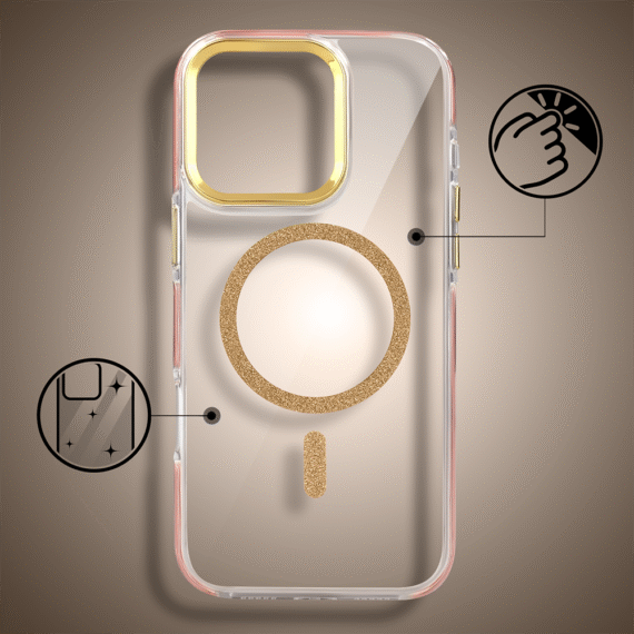 Etui do iPhone 16 Pro Glitter Shine, przeźroczyste, brokatowe z MagSafe, złote (3)