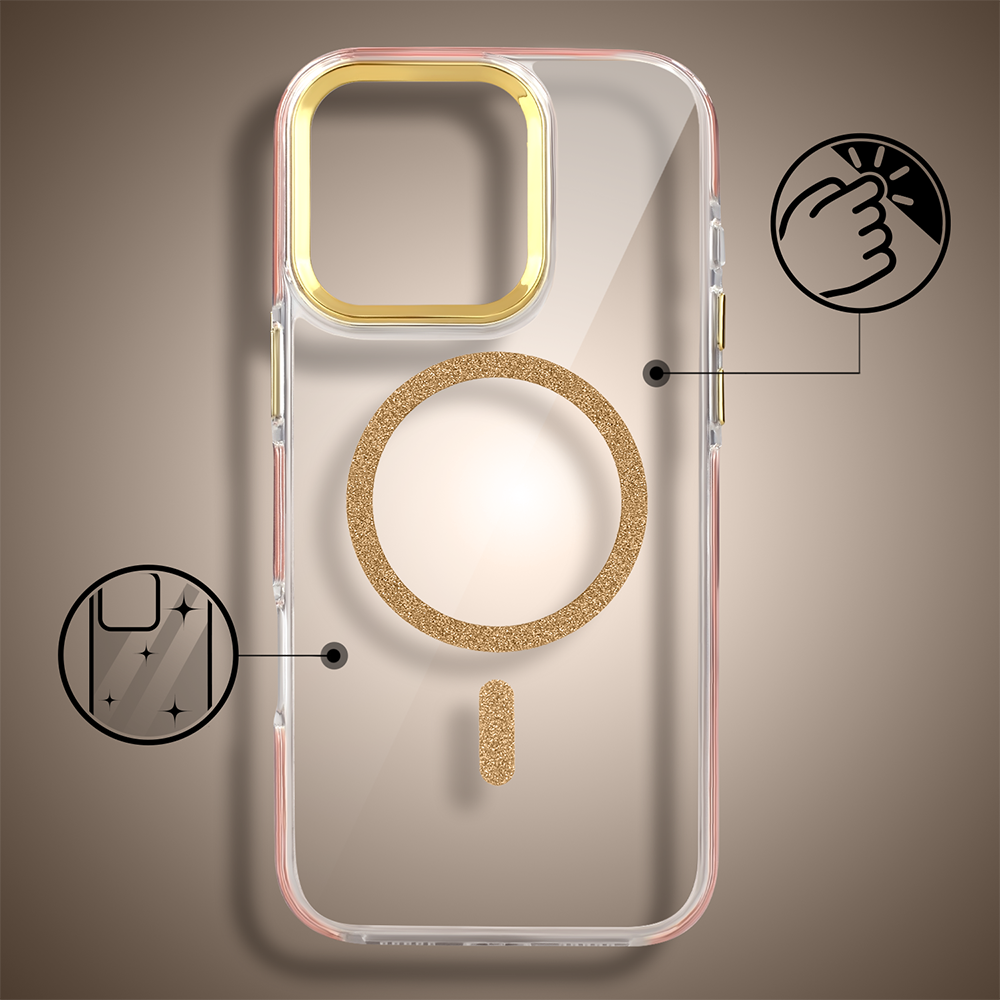Etui do iPhone 16 Pro Glitter Shine, przeźroczyste, brokatowe z MagSafe, złote (3)