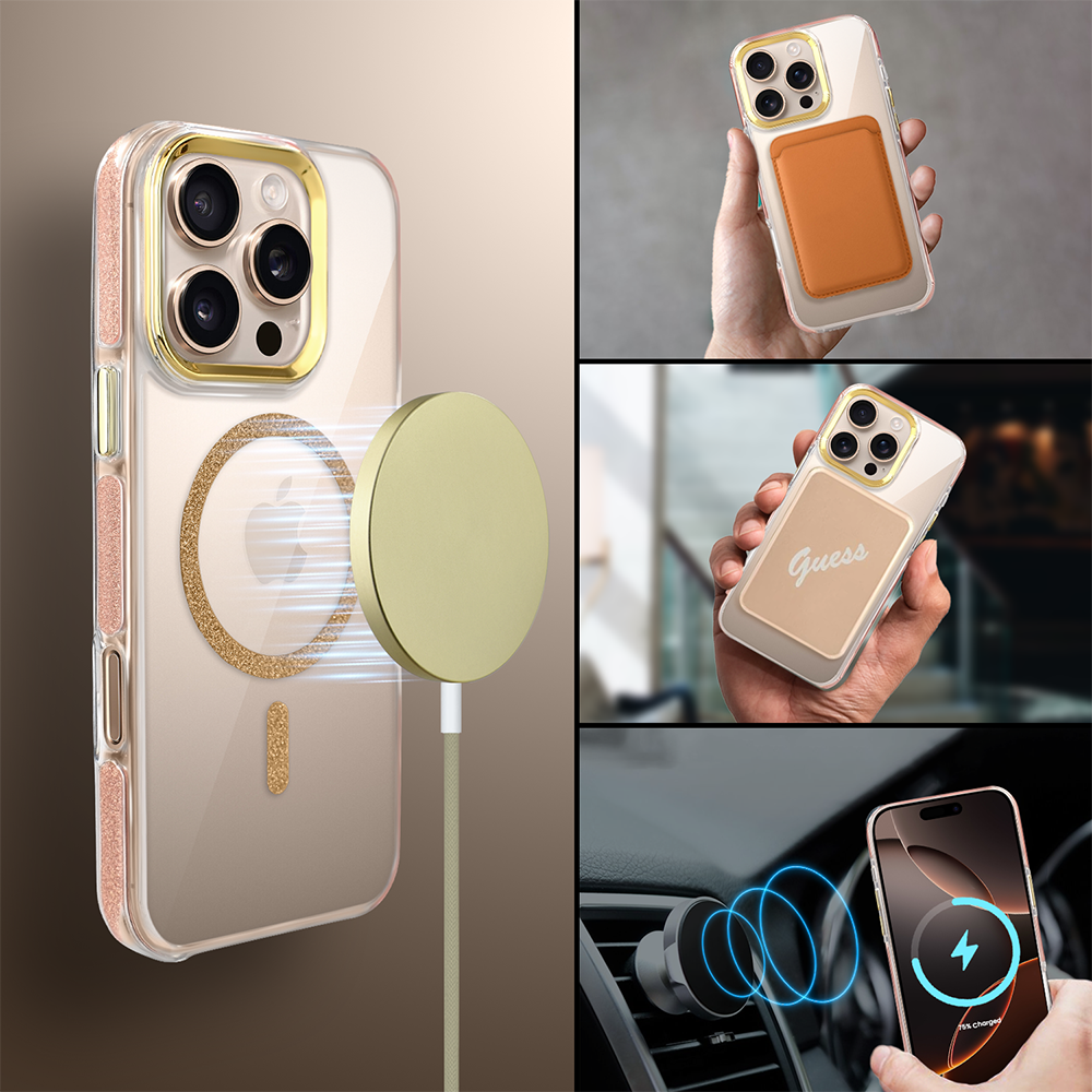 Etui do iPhone 16 Pro Glitter Shine, przeźroczyste, brokatowe z MagSafe, złote (4)