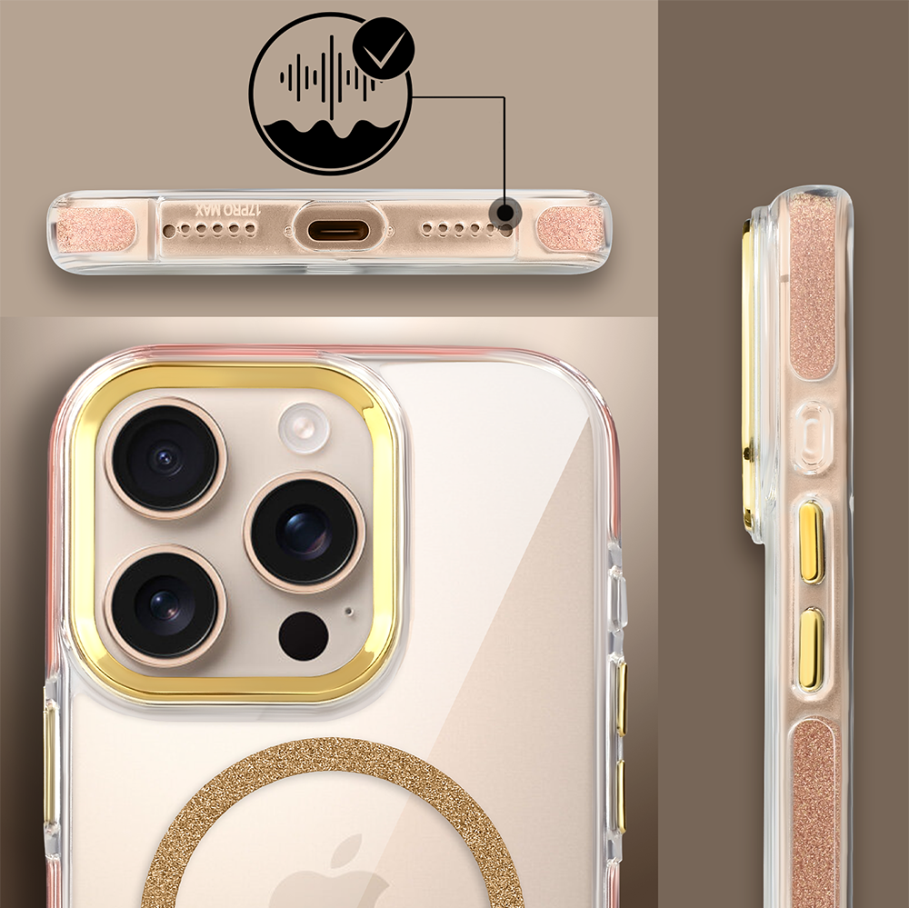 Etui do iPhone 16 Pro Glitter Shine, przeźroczyste, brokatowe z MagSafe, złote (7)