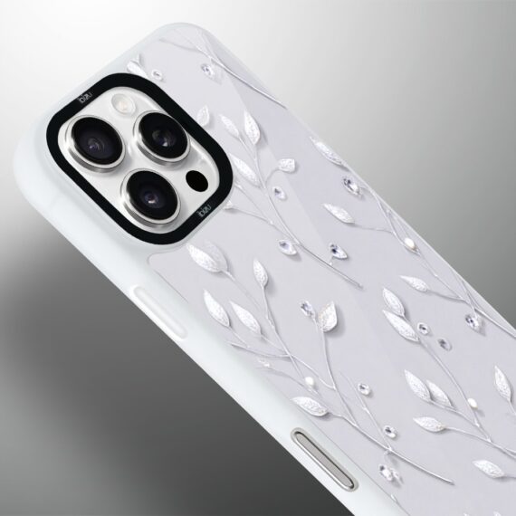 Etui do iPhone 16 Pro Max IBIZU DropGuard Matt z MagSafe, Zimowa magia, Lodowe kwiaty, biała ramka (1)