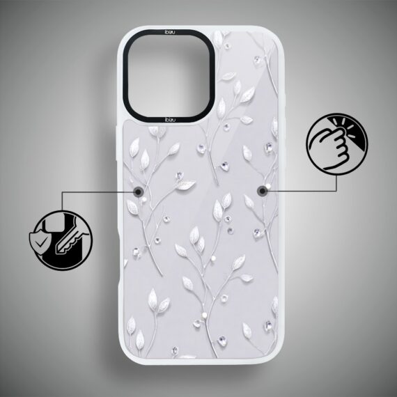 Etui do iPhone 16 Pro Max IBIZU DropGuard Matt z MagSafe, Zimowa magia, Lodowe kwiaty, biała ramka (6)