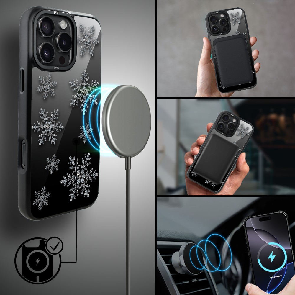 Etui do iPhone 16 Pro Max IBIZU DropGuard Matt z MagSafe, Zimowa magia, Płatki śniegu na czarnym lustrze ip 16 pro-1
