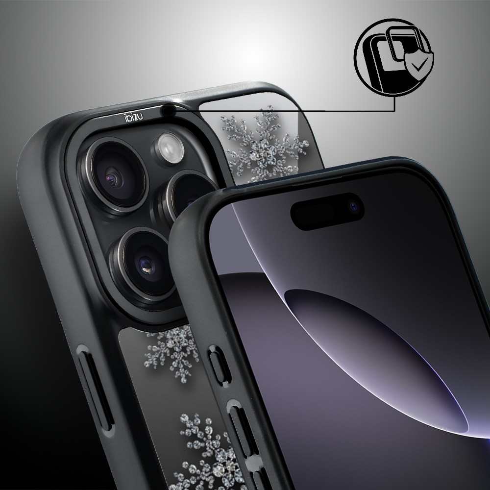 Etui do iPhone 16 Pro Max IBIZU DropGuard Matt z MagSafe, Zimowa magia, Płatki śniegu na czarnym lustrze ip 16 pro-3