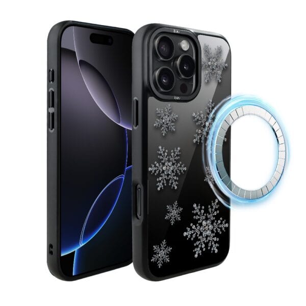 Etui do iPhone 16 Pro IBIZU DropGuard Matt z MagSafe, Zimowa magia, Płatki śniegu na czarnym lustrze