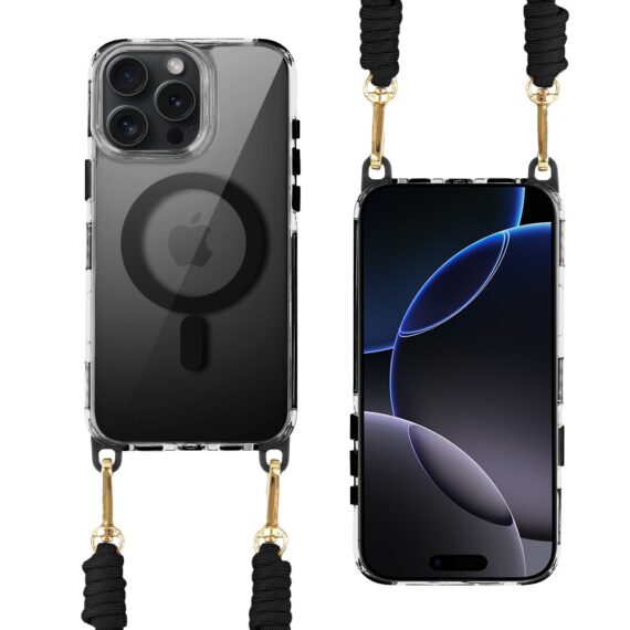 Etui do iPhone 16 Pro Max, MagSafe, ze smyczą, na ramię, crossbody, czarne (7)
