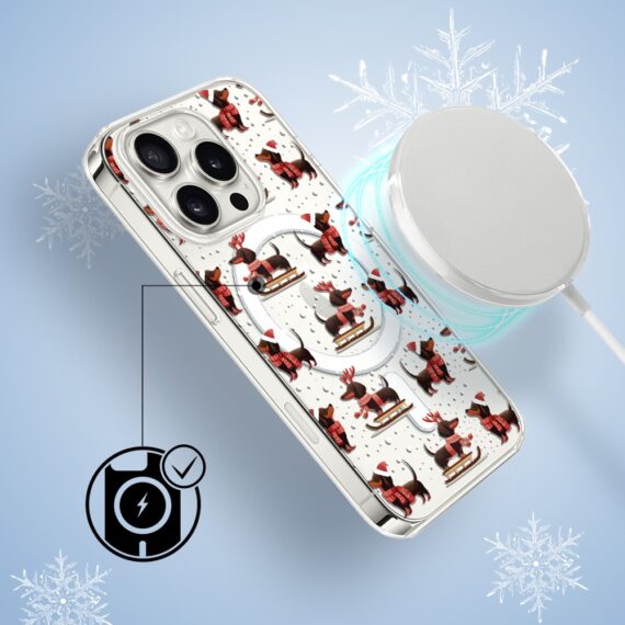 Etui do iPhone 16 Pro Max z MagSafe, Przytulne święta, Jamniki na saniach, przeźroczyste 16 pro-3