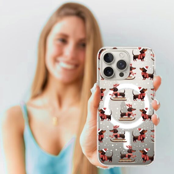 Etui do iPhone 16 Pro Max z MagSafe, Przytulne święta, Jamniki na saniach, przeźroczyste 16 pro-4