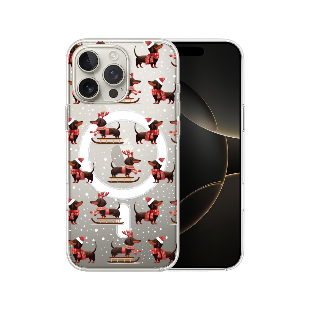 Etui do iPhone 16 Pro z MagSafe, Przytulne święta, Jamniki na saniach, przeźroczyste