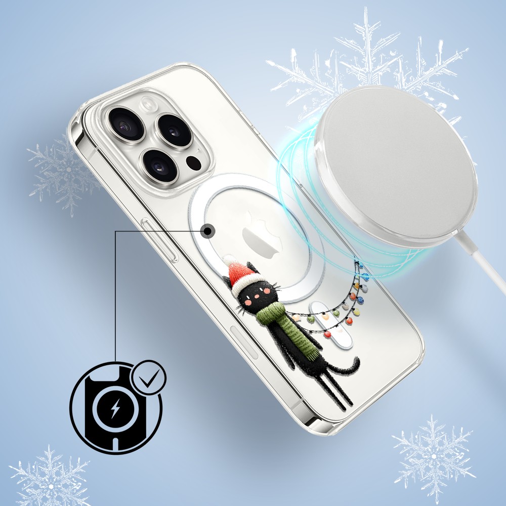 Etui do iPhone 16 Pro Max z MagSafe, Przytulne święta, Kot przebrany za elfa, przeźroczyste 16 pro-3