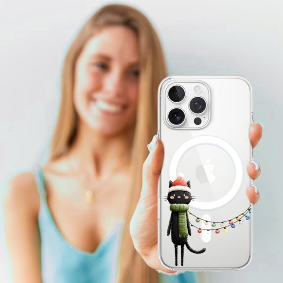 Etui do iPhone 16 Pro Max z MagSafe, Przytulne święta, Kot przebrany za elfa, przeźroczyste 16 pro-4