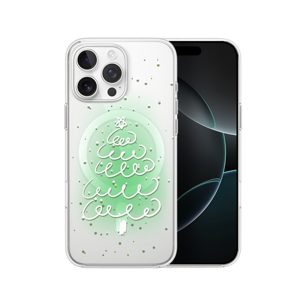 Etui do iPhone 16 Pro Max z MagSafe, malowana choinka na zielonym świetle, przeźroczyste