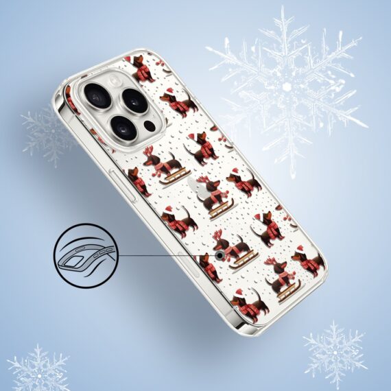 Etui do iPhone 16 Pro, Przytulne święta, Jamniki na saniach, przeźroczyste3