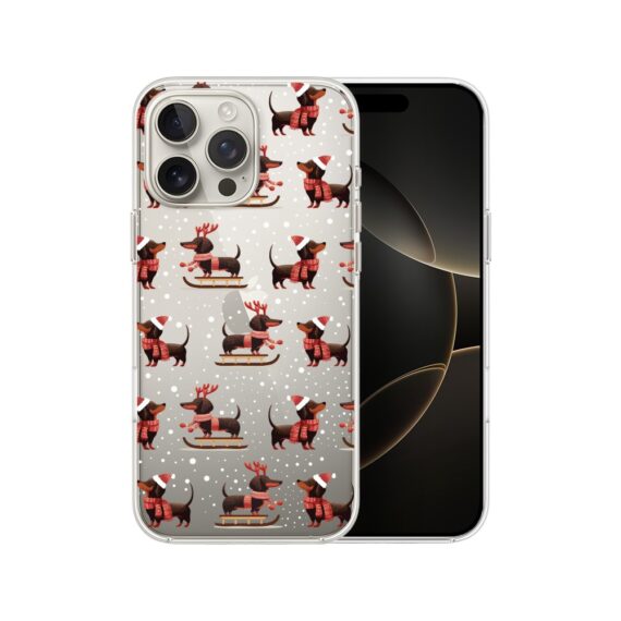 Etui do iPhone 16 Pro, Przytulne święta, Jamniki na saniach, przeźroczyste7