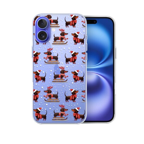 Etui do iPhone 16 Plus, Przytulne święta, Jamniki na saniach, przeźroczyste