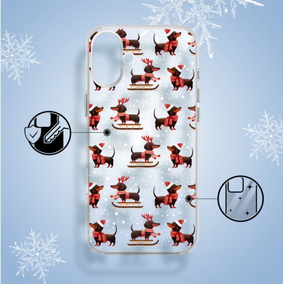 Etui do iPhone 16, Przytulne święta, Jamniki na saniach, przeźroczyste2
