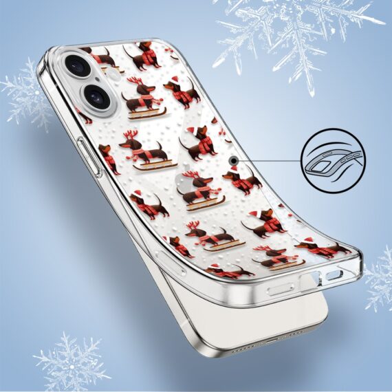 Etui do iPhone 16, Przytulne święta, Jamniki na saniach, przeźroczyste4