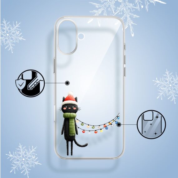Etui do iPhone 16, Przytulne święta, Kot przebrany za elfa, przeźroczyste2