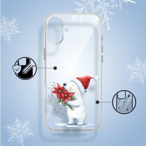 Etui do iPhone 16, Przytulne święta, Miś świąteczny, przeźroczyste2