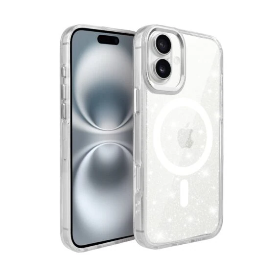 Etui do iPhone 16 Super Hybrid Sparkle z MagSafe, błyszczący, twardy brokatowy tył, metalowe ozdoby, przeźroczyste (5)