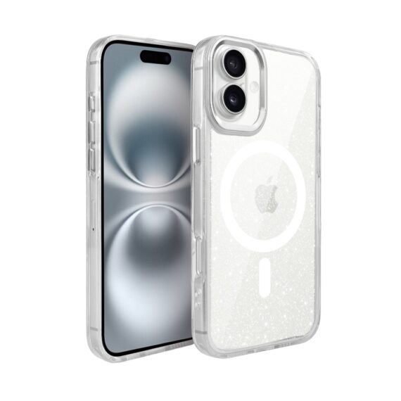 Etui do iPhone 16 Super Hybrid Sparkle z MagSafe, błyszczący, twardy brokatowy tył, metalowe ozdoby, przeźroczyste (5)
