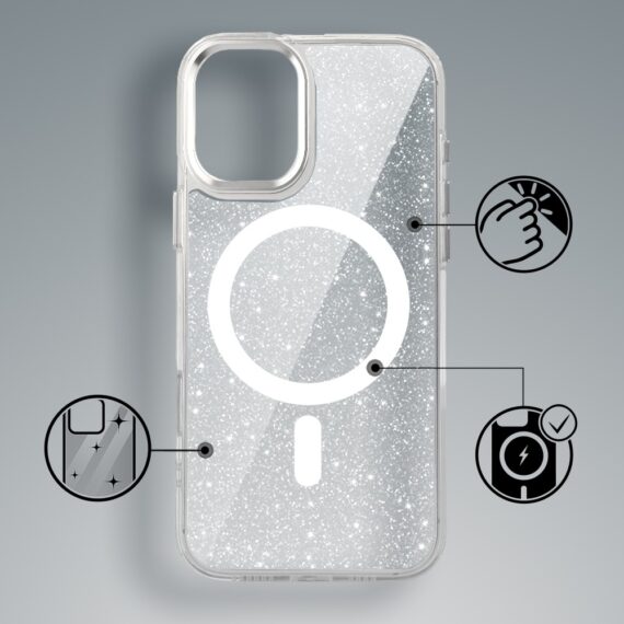 Etui do iPhone 16 Super Hybrid Sparkle z MagSafe, błyszczący, twardy brokatowy tył, metalowe ozdoby, przeźroczyste (7)