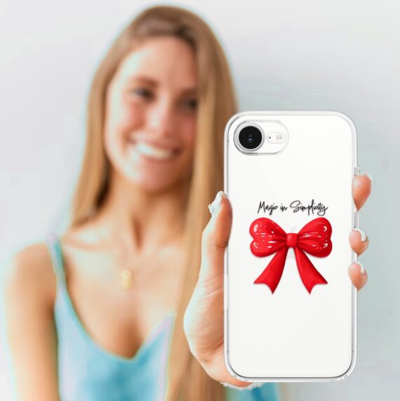 Etui do iPhone 16e, Przytulne święta, Czerwona kokarda, przeźroczyste (3)