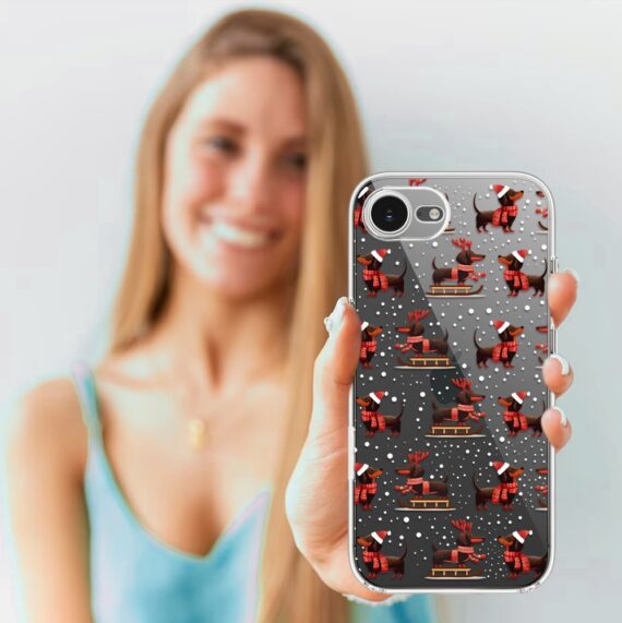 Etui do iPhone 16e, Przytulne święta, Jamniki na saniach, przeźroczyste (3)