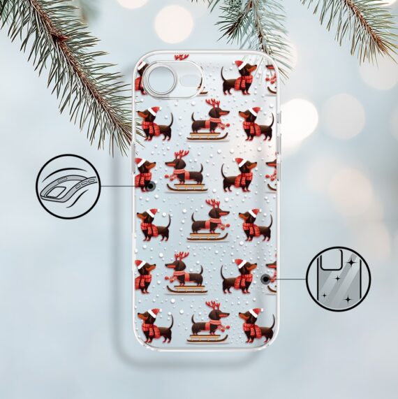 Etui do iPhone 16e, Przytulne święta, Jamniki na saniach, przeźroczyste (6)